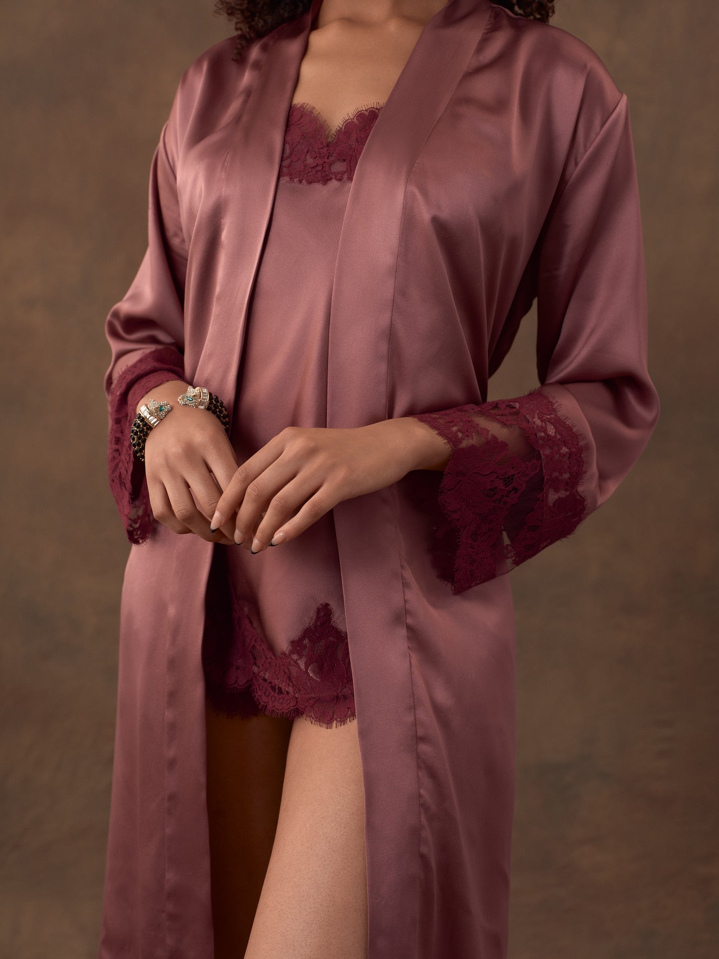 Lace Trim Silk Robe